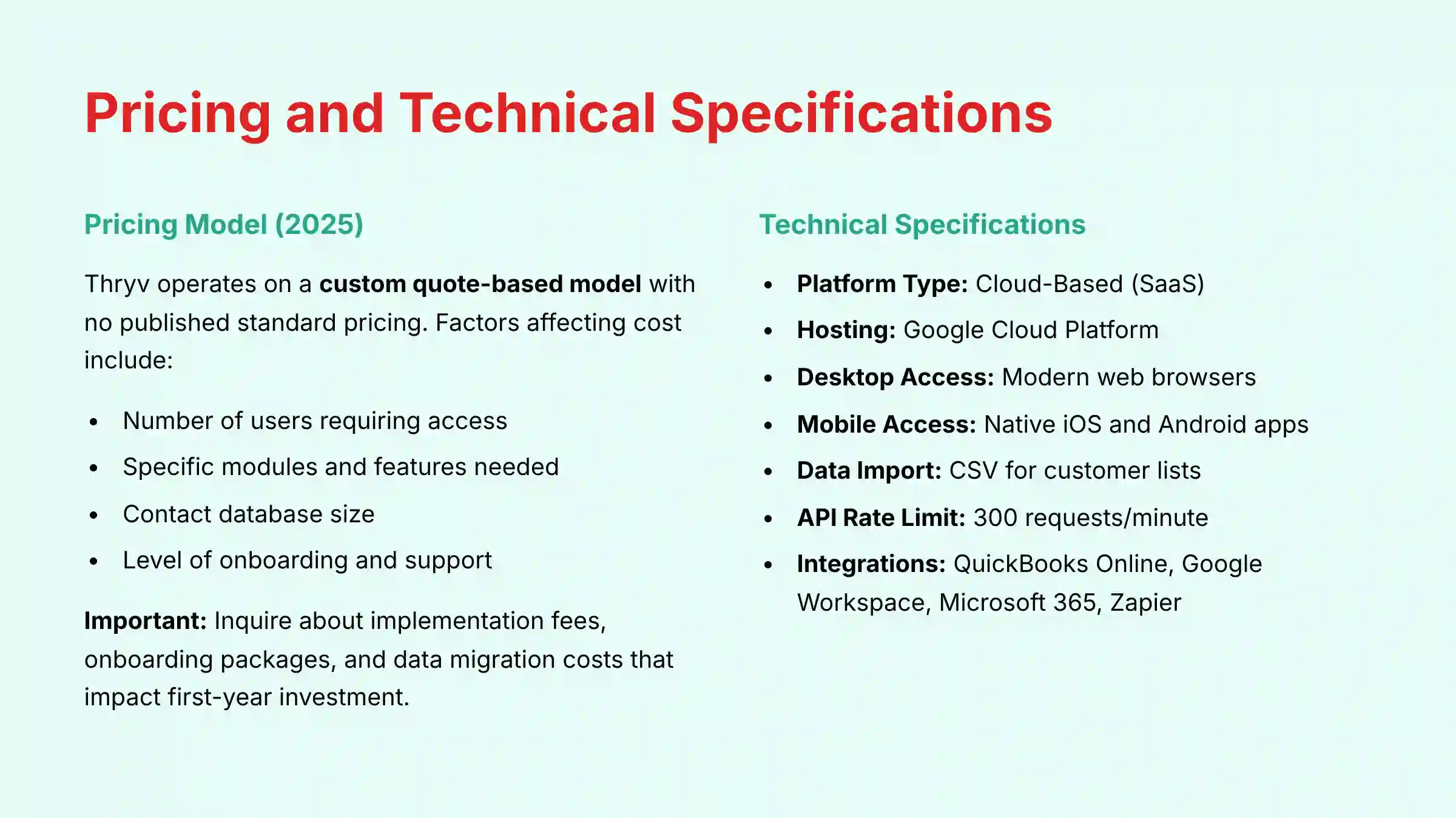 Pricing and Technical Specifications