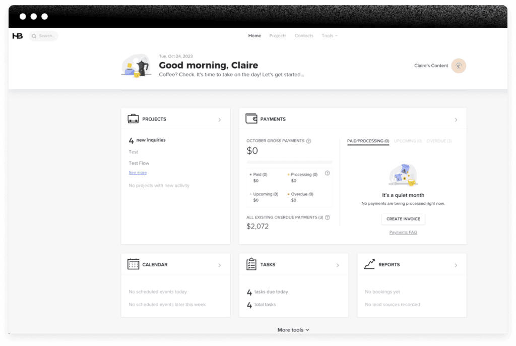 HoneyBook CRM Dashboard Interface
