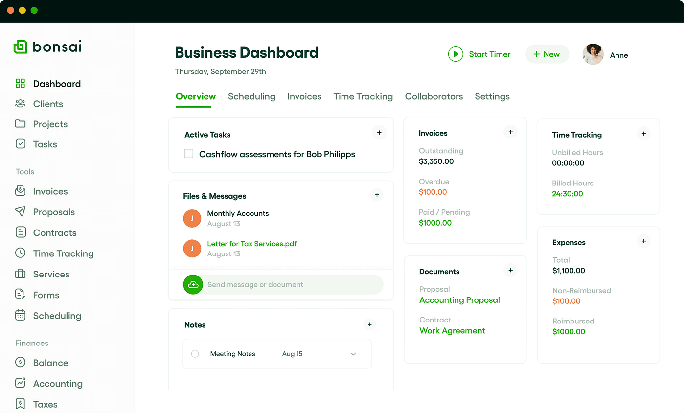 Bonsai CRM interface dashboard for freelancer management