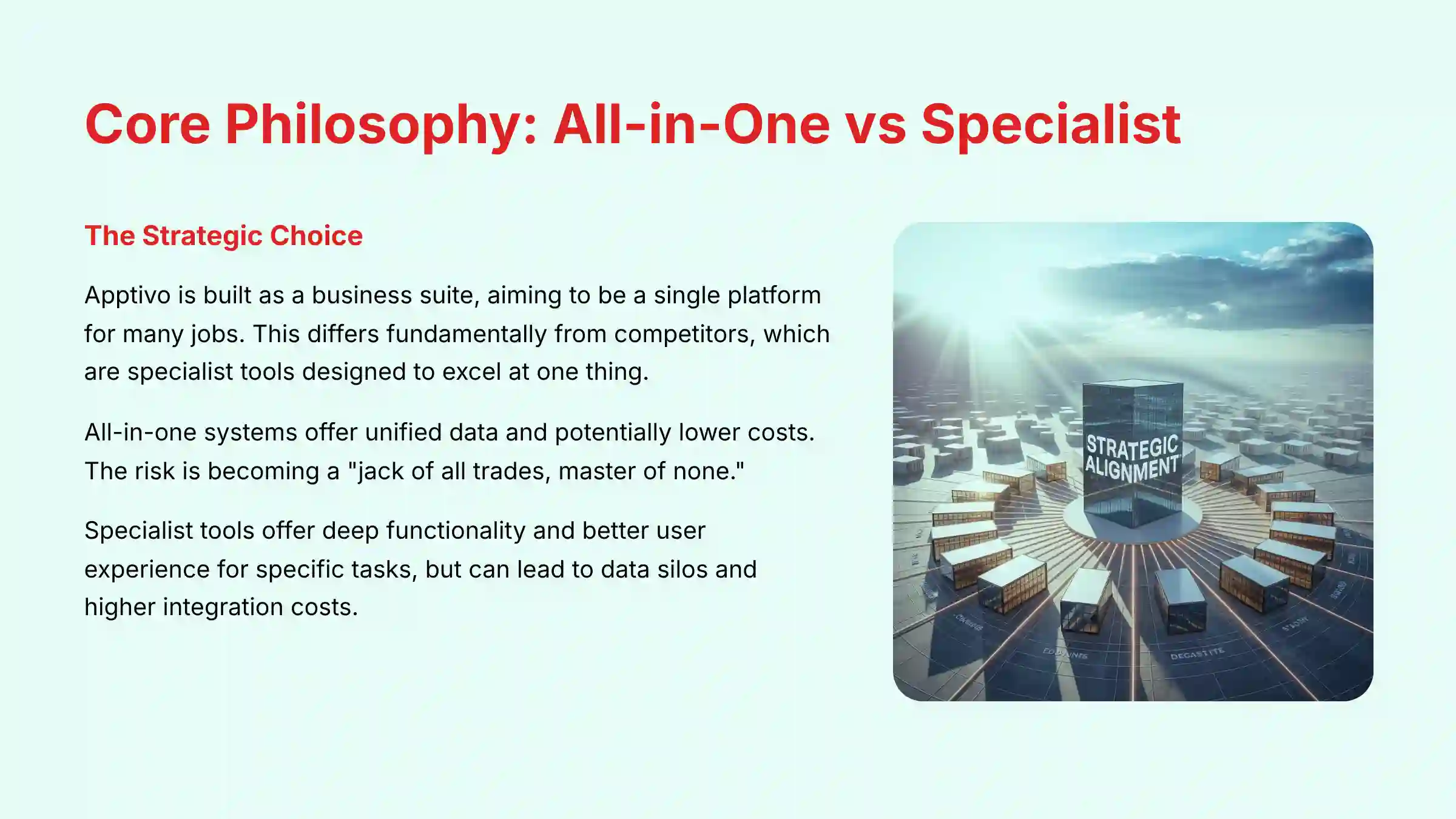 Core Philosophy - All-in-One vs Specialist Approach
