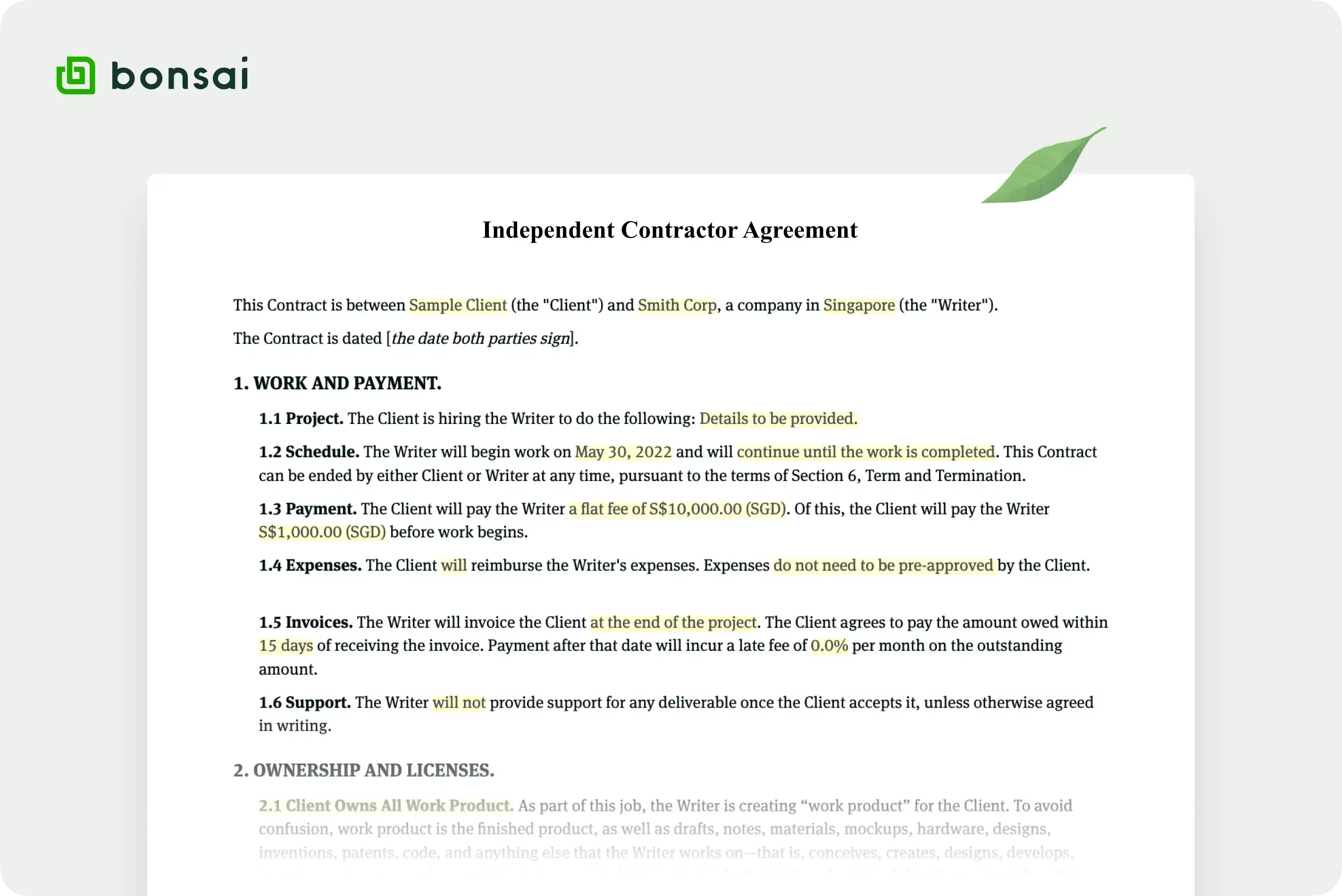 Bonsai Proposal and Contract Templates