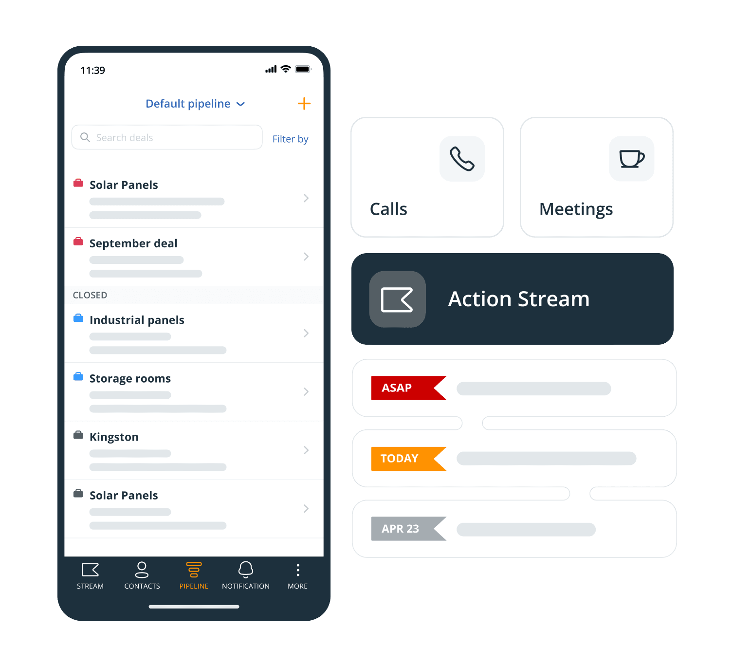 OnePageCRM Mobile App Interface showcasing mobile CRM capabilities for on-the-go sales management