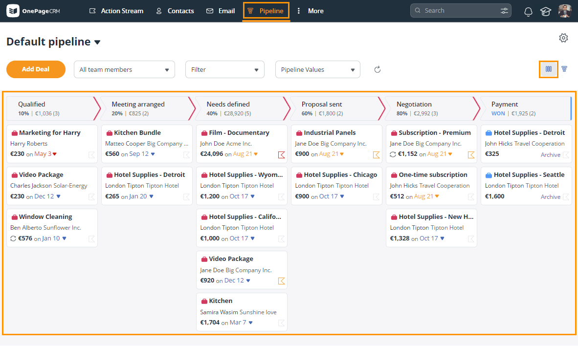 OnePageCRM Sales Pipeline Kanban Board View