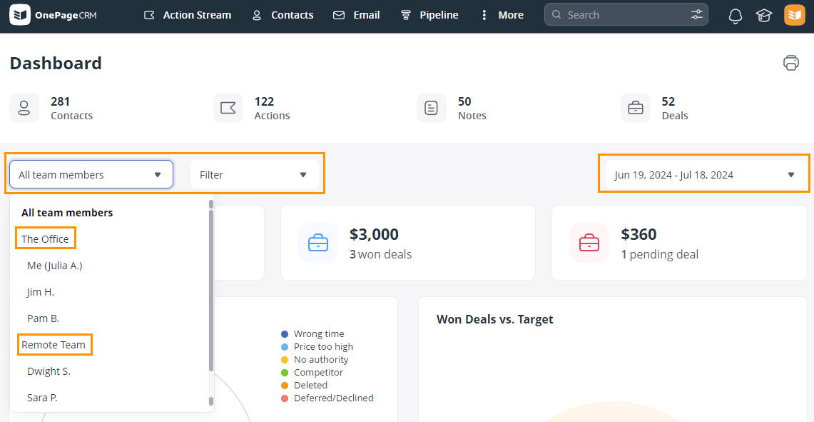 OnePageCRM Dashboard Interface Next Action Focused