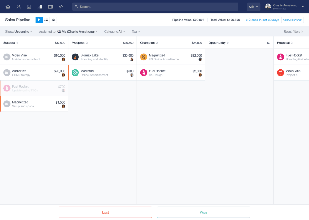 Capsule CRM sales pipeline Kanban board interface
