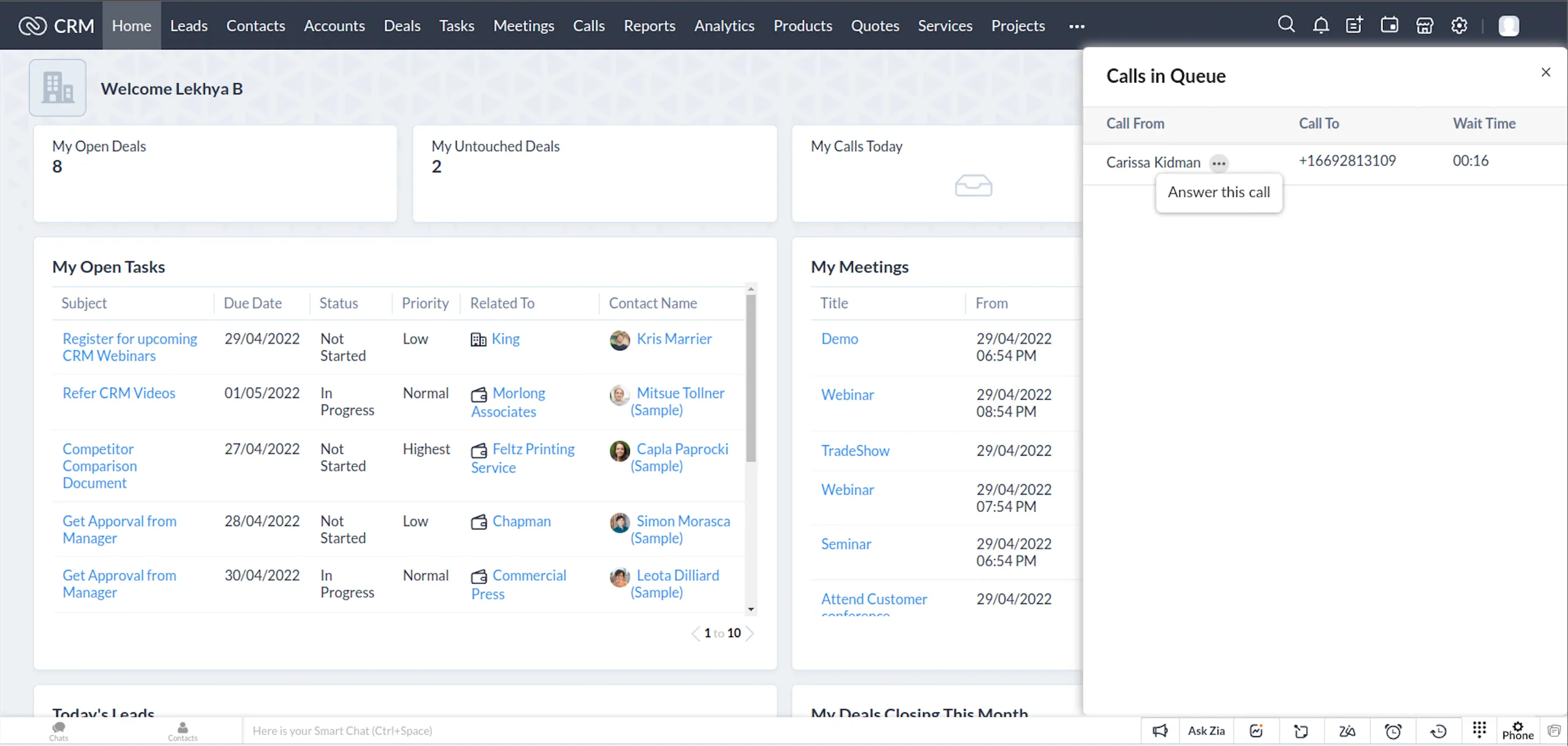 Zoho CRM Interface Dashboard